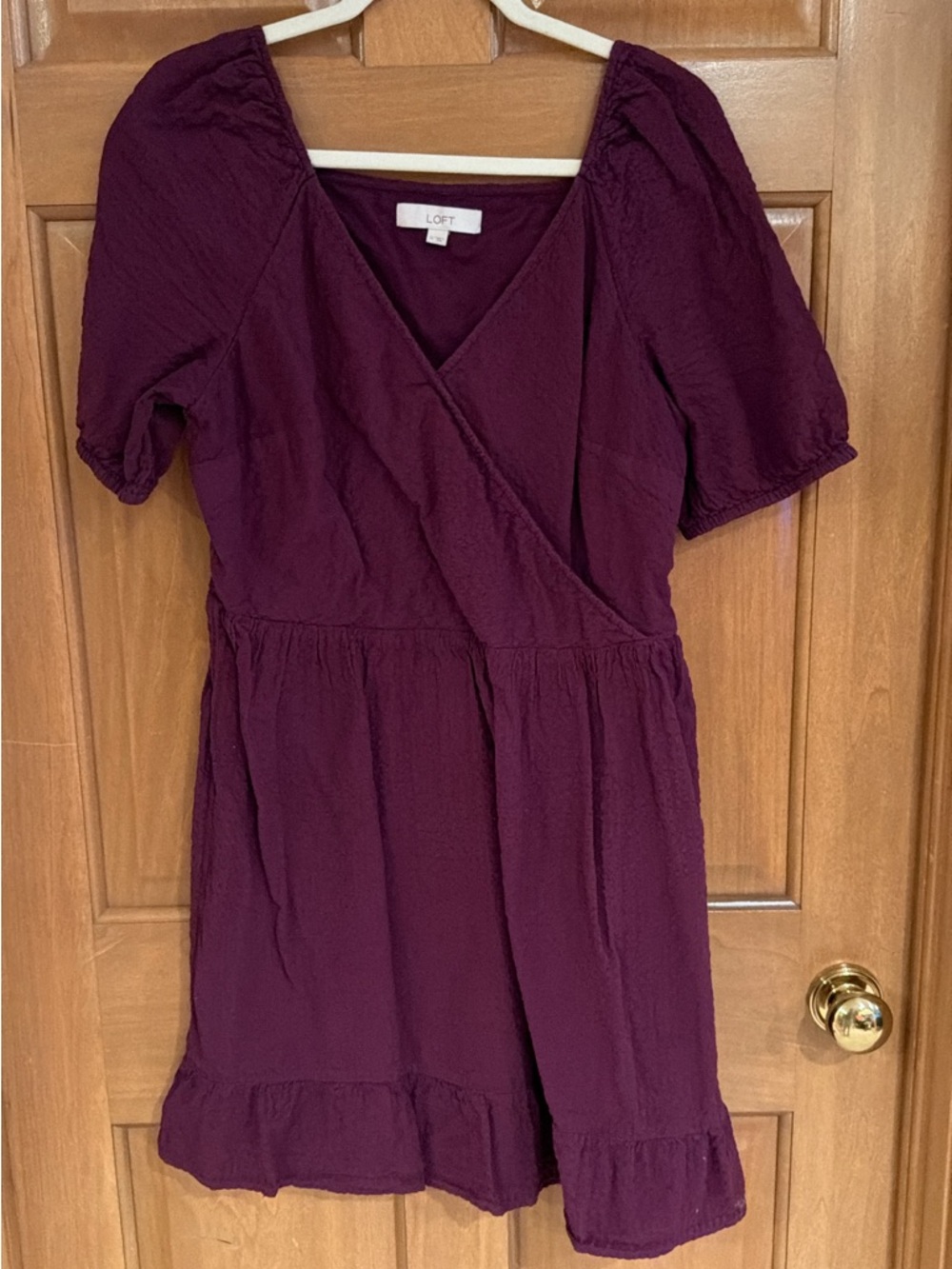 LOFT Deep Plum Wrap Dress with Ruffle Hem